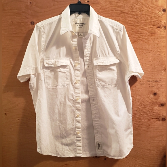 Abercrombie & Fitch Men's Off White Button Down Short Sleeve Pocket Shirt Sz L - Picture 4 of 7